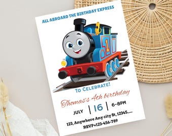 May include: An invitation card featuring a cartoon train with the text "All Aboard the Birthday Express." The card includes the text "To Celebrate! Thomas's 4th birthday" with date, time, and RSVP information. The words "Editable Invitation" are at the top.
