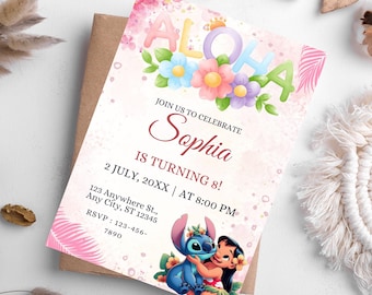 Invitación de cumpleaños de Lilo y Stitch: Fiesta hawaiana editable (plantilla de 13 x 18 cm) (descarga digital)