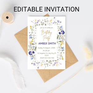 Wildflower Birthday Invite for Woman, Garden Party Invitation Editable, Floral Girls Birthday Canva Template