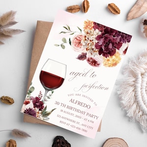 Editable Wine Birthday Invitation: Aged to Perfection, Floral (Canva Template, Digital Download)