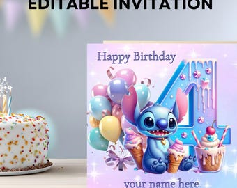 編集可能なスティッチのハッピーバースデーカード、パーソナライズされたスティッチのバースデーパーティーカード、スティッチパーティー、子供向けの印刷可能なスティッチグリーティングカード