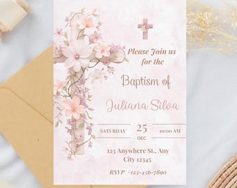 Floral Cross Baptism Invitation Girl: Dusty Pink Template (Digital Download)