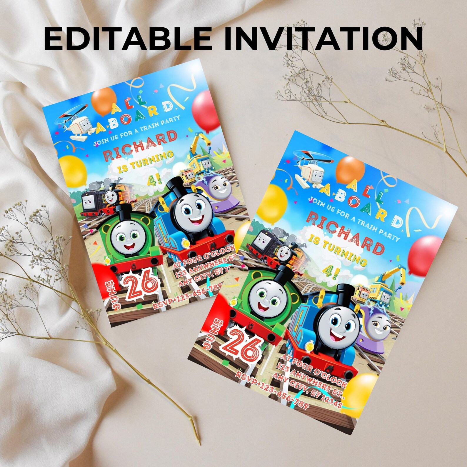 Editable Thomas the Tank Engine Birthday Invitation | Canva Digital ...