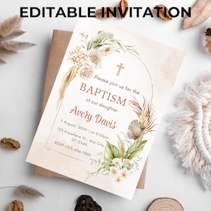 BOHO Blush Taufe digitale Einladung Pampasgras rosa Rose Taufe einladen Vorlage, rosa boho Taufe für Mädchen bearbeitbare Einladungen