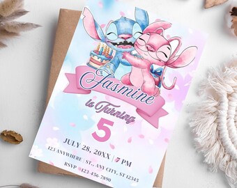 Invitación de cumpleaños de Stitch y Ángel: Invitación editable (Descarga digital)