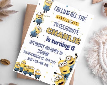 Invitación de cumpleaños editable de Minions: Plantilla de Canva (Descarga digital, 5 x 7 pulgadas)