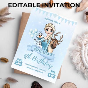 Editable Frozen Birthday Invitation Frozen Celebration Invite Kids Party editable Invitation Elsa Anna Olaf Snow Theme