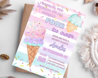 Ice Cream Birthday Invitation: Pink, Mint, Gold, Purple (Editable Download, 5x7 inch Template)