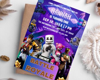 Invitación de cumpleaños de Fort Game Invitación de cumpleaños editable Descargar plantilla de fiesta de cumpleaños CANVA Tarjeta de jugador de cumpleaños de videojuego Fiesta de jugador