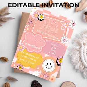 Invitación con parche, invitación de cumpleaños para niña, fiesta universitaria con parches, invitación preppy, Canva editable