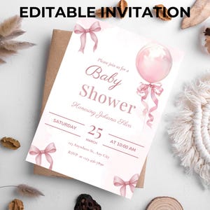 Blush Pink Bow Baby Shower Invitation Editable Elegant Watercolor Coquette Bow Invitation Pink Girl Baby Shower Invite Pink Ribbon Canva