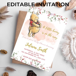 Winnie-the-pooh A Little Hunny is on the Way BABY SHOWER Invitation Pooh Tummy Baby Shower Invitations Pink Leaves Gold Dust Baby Shower