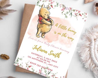 Winnie the Pooh Baby Shower Invitation: Hunny Theme, Pink Leaves (Digital Download)