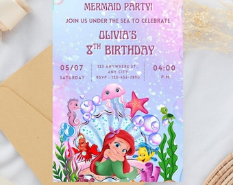 Little Mermaid Birthday Invitation | Editable Ariel Party Invite | Digital Download | Under the Sea Theme Card