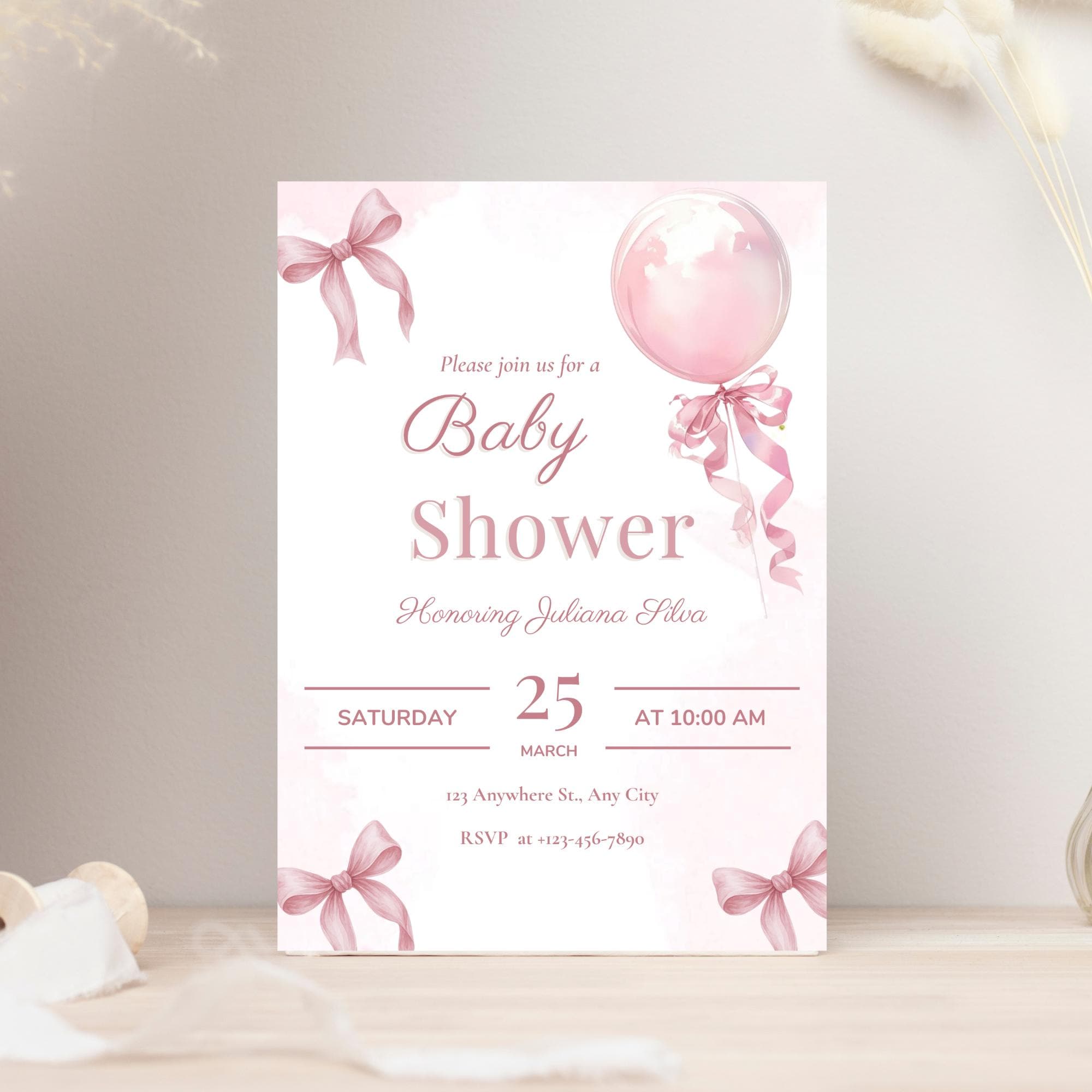 Blush Pink Bow Baby Shower Invitation: Elegant Watercolor (canva ...