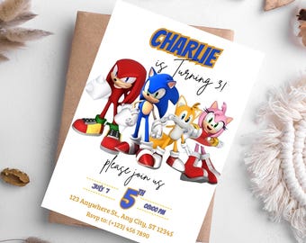Bearbeitbare Sonic Geburtstagseinladung: Aquarell Design, Danke Tags (Digitaler Download)