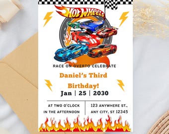 May include: A Hot Wheels-themed birthday invitation with a race car design. The invitation features the Hot Wheels logo, race cars, and text that reads "Race on Over to Celebrate Daniel's Third Birthday!" The date is January 25, 2030, with the time and address included.
