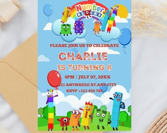 Faire-part d'anniversaire avec blocs numériques, invitation à une fête modifiable (téléchargement numérique)