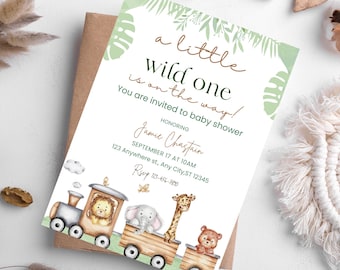 Plantilla de invitación para baby shower de safari: Animales de la selva (5 x 7 pulgadas, editable en Canva, descarga digital)