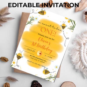 1st Bee Day Invitation Editable, Floral Girl First Birthday Invite, Bumble Bee Party Canva Template