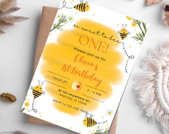 Floral Bee 1st Birthday Invitation Template (Canva Editable, Digital Download)