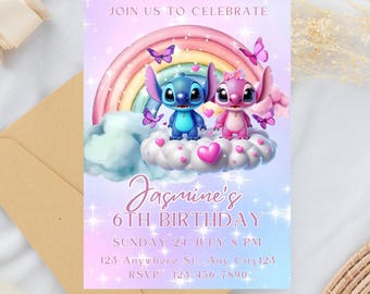 Invito di compleanno Stitch e Angel: modello Canva modificabile