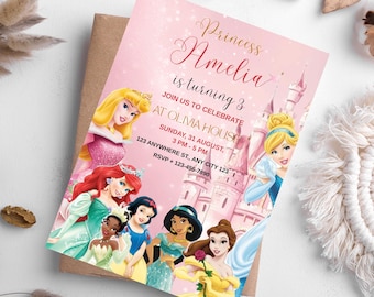 Princess Birthday Invitation: Pink & Gold, Editable Canva Template (Digital Download)