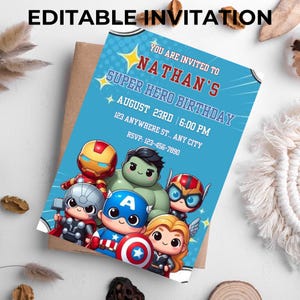 Editable Superhero Birthday Invitation Template: Kids Party Invite (Canva Template, Digital Download