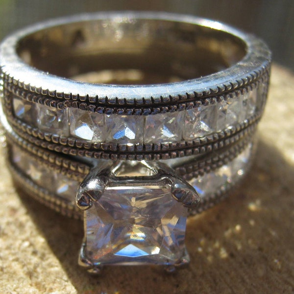 Vintage Sterling Silver Ladies Wedding Set with Engagement Ring and Band with Stunning Cubic Zirconiums Size 7 1/2