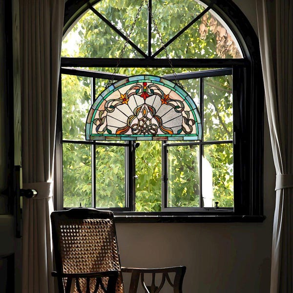 Victorian Tiffany Style Semicircle Stained Glass Window Panel | 24" x 12.5" | Horizontal Hanging Suncatcher
