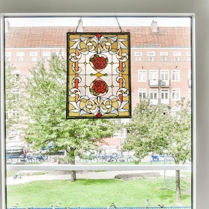 Handcrafted Tiffany-Style Stained Glass window Panel – Red Roses Floral Window Hanging Suncatcher  – 24.6&quot;x17.7