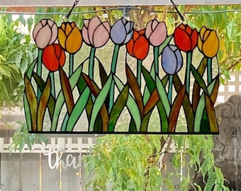 Handcrafted Colorful Floral Tiffany-Style Stained Glass Window Panel Suncatcher 11x18