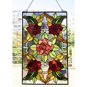 Handcrafted Tiffany-Style Rose Stained Glass Window Suncatcher Panel 20x32 – Vertical Hanging Copper Foil Art Glass with Beads