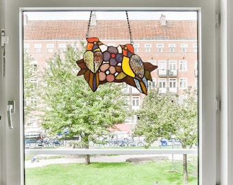 Tiffany-Style Stained Glass Window Panel: Colorful Birds & Floral Design