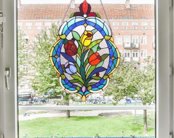 Handcrafted Tiffany-Style Tulip Stained Glass Window Panel Suncatcher 15.5x22.5