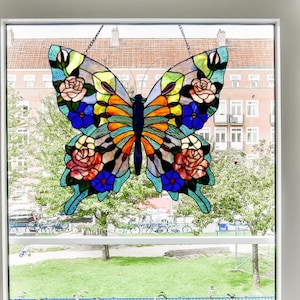 Tiffany-Style Butterfly Stained Glass Window Panel: Floral Suncatcher 22.5&quot;x24&quot;