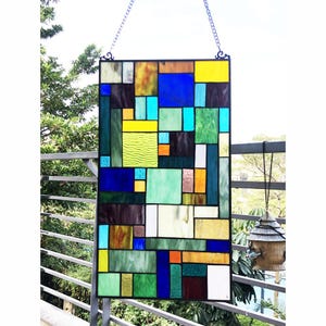 Handcrafted Geometric Tiffany-Style Stained Glass Window Panel – 23&quot;x13&quot; Vertical Hanging