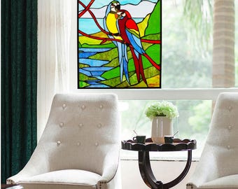 Tiffany-Style Stained Glass Parrot Window Panel: Handcrafted Colorful Birds