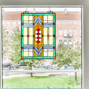 Tiffany-Style Mission Stained Glass Window Panel | Handmade Multi-Colored Hanging Suncatcher | 24.6&quot;x17.5&quot;