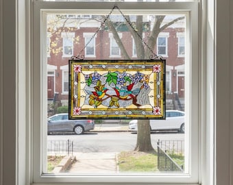 Handcrafted GREETING BIRDS Tiffany-style Animal Design stained glass Window Panel suncatcher 32" x 21"