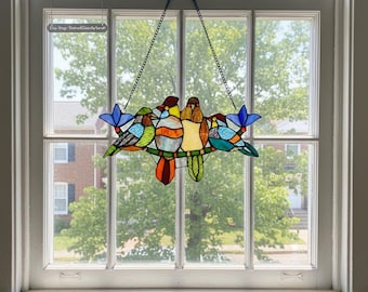 Handcrafted TROPICAL BIRDS Tiffany-style Animal Design stained glass Window Panel suncatcher 16" x 9"