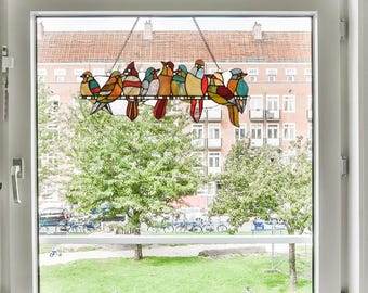 Colorful Birds on a Branch Tiffany-Style Stained Glass Window Panel – 23.7" Wide