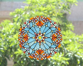 Victorian Tiffany-Style Stained Glass Window Panel: AMIYA, 20" Round Suncatcher