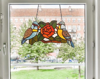 Sparrow Stained Glass Window Panel: Tiffany-Style Bird & Rose Suncatcher