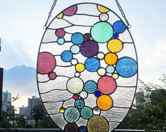Tiffany-Style Stained Glass Window Panel: Geometric Bubbles Suncatcher, 20x14.5"