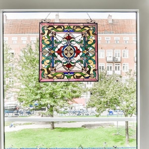Victorian Tiffany-Style Stained Glass window Panel – Colorful Hanging Window Suncatcher – 24.6&quot;x23.6&quot;