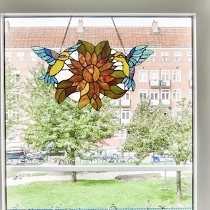 Tiffany-Style Hummingbird and Sunflower Stained Glass Window Panel | Handcrafted Hanging Stained Glass Art