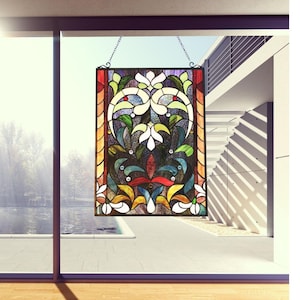 Handcrafted Victorian Rainbow Tiffany-Style Stained Glass Window Panel Suncatcher 24&quot;