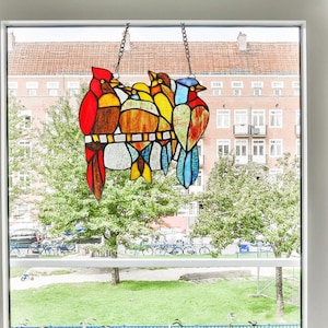 HARLEY Tiffany-Style Stained Glass Bird Panel | Handcrafted Hanging stained glass Window suncatcher Multicolor (Red, Orange, Blue) | 25.6&quot;