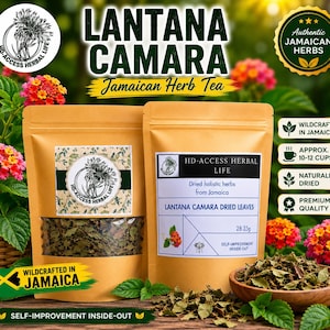May include: Two tan pouches of Lantana Camara Jamaican herb tea. One pouch has a clear window showing dried leaves, and the other features a label with the text HD-ACCESS HERBAL LIFE, Dried holistic herbs from Jamaica, and 28.35g.